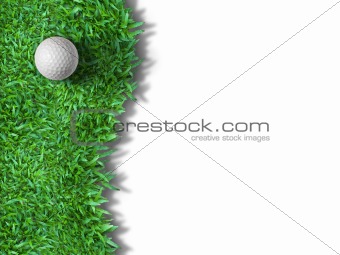 White golf ball on green grass isolated