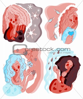 4 woman life time emblem with flower, leaf, water, snow