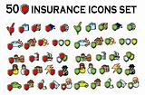 50 insurance icons set, all types, big vector art collection
