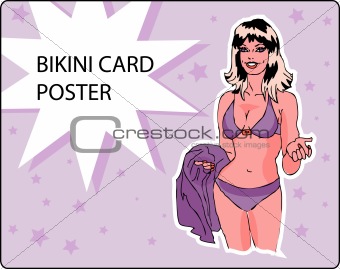 Bikini card, poster, retro design ad with beautiful woman