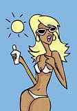 Blond woman on beach applying suntan lotion blue card background