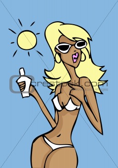 Blond woman on beach applying suntan lotion blue card background