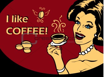 Coffee Lover vector poster with woman and cup of coffee in hand,