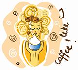 Coffee woman,  Beautiful young girl sipping coffee latte emblem,