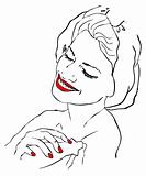 fake tattoo beautiful woman in spa bath with hands massage. red 