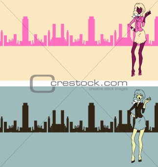fashion woman giving OK hand gesture on city background, cartoon
