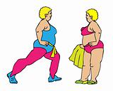 Fat woman at sport - fitness, gym, swimming icons, illustration.