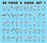 home icons 50 blue vector food & cook icons, emblem, tag set 1. 