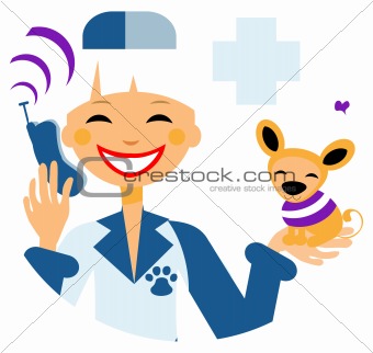 Pets doctor call card, emblem, poster, icons. Woman with dog cal