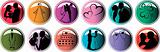 Shiny Wedding  buttons coloured, vector silhouette couple, cake,
