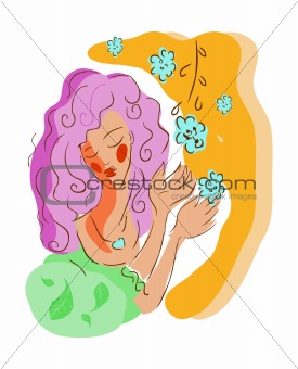 woman spring, summer symbol with flower, vector illustration