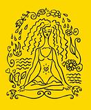 Yoga woman tattoo fake card, emblem, icon. Yellow background