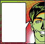 Pop Art Closeup of a happy male with speech blank card 