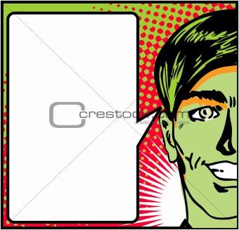 Pop Art Closeup of a happy male with speech blank card 