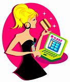 Cute online shopping girl vector illustration emblem