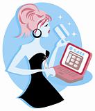Cute online shopping girl vector illustration emblem