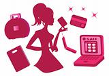 Online Girls shopping silhouette icons set vector