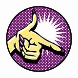 Close-up of hand, pointing like a gun. Popart comic style emblem