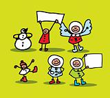 Cute doodle kids in winter clothes isolated on background 