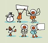 Winter kids with blank banners for your message 