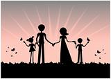 Young family Silhouette, sunset vector cartoon background.