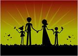 Young family Silhouette, sunset vector cartoon background.
