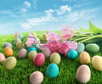 Easter eggs with pink tulips on grass