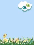 Spring easter landscape with eggs and bird. Grass is seamless.