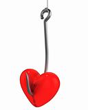 Red heart on a fishing hook