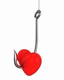 Red heart on a fishing hook