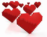 Few red hearts made of cubic pixels
