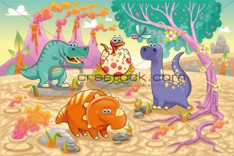Group of funny dinosaurs in a prehistoric landscape.
