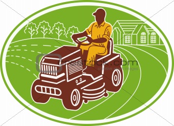 male gardener riding lawn mower