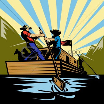 Cowboy man steering flatboat along river
