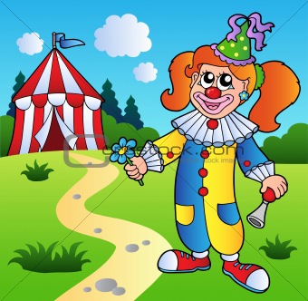 Cartoon clown girl with circus tent