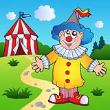 Cartoon clown with circus tent