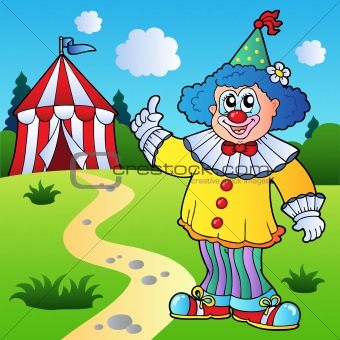 Funny clown with circus tent