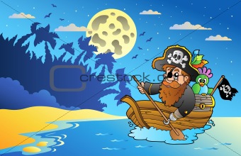 Night seascape with pirate in boat