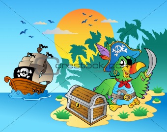 Pirate parrot and chest on island