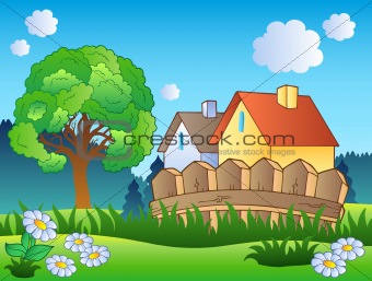 Spring landscape with two houses