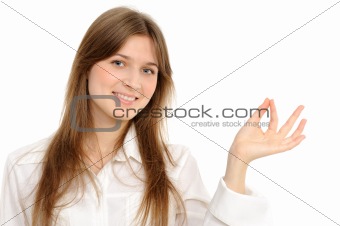 woman holding hand presenting a product