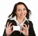 Businesswoman holding blank card
