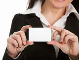 Businesswoman holding blank card