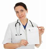 Cheerful medical doctor woman giving away prescription
