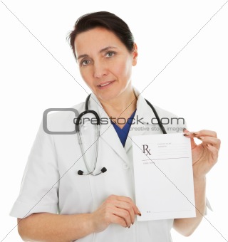 Cheerful medical doctor woman giving away prescription