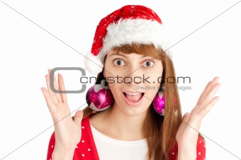 surprised woman in santa hat