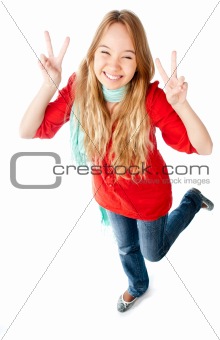 teenage girl showing victory sign