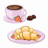 Coffee in round mug and croissant 