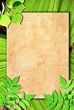 Old paper background with green leaves 