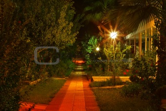 Colorful pre dawn gardens with pathway